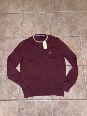 Nautica Men's Crewneck Sweater - Burgundy with White Trim